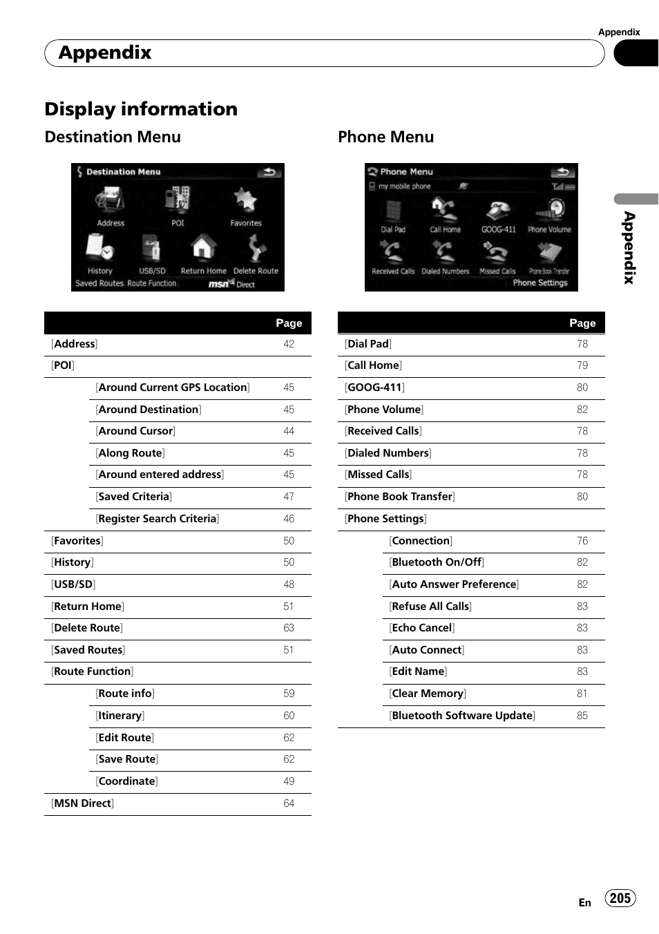 Display information, Destination menu 205, Phone menu 205 | Appendix, Destination menu, Phone menu | Pioneer AVIC-X9115BT User Manual | Page 205 / 215