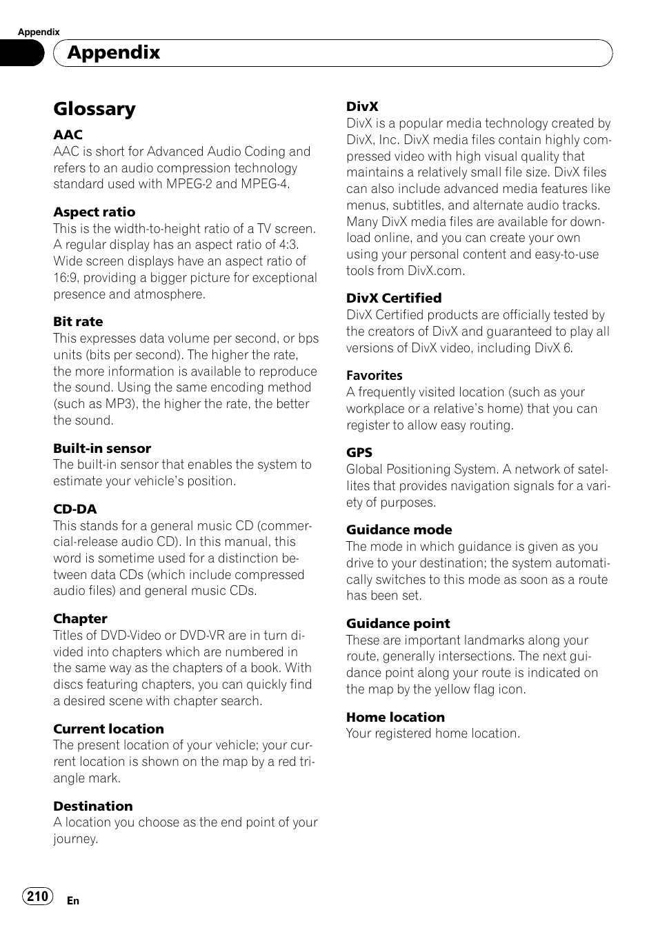 Glossary, Appendix | Pioneer AVIC-X9115BT User Manual | Page 210 / 215