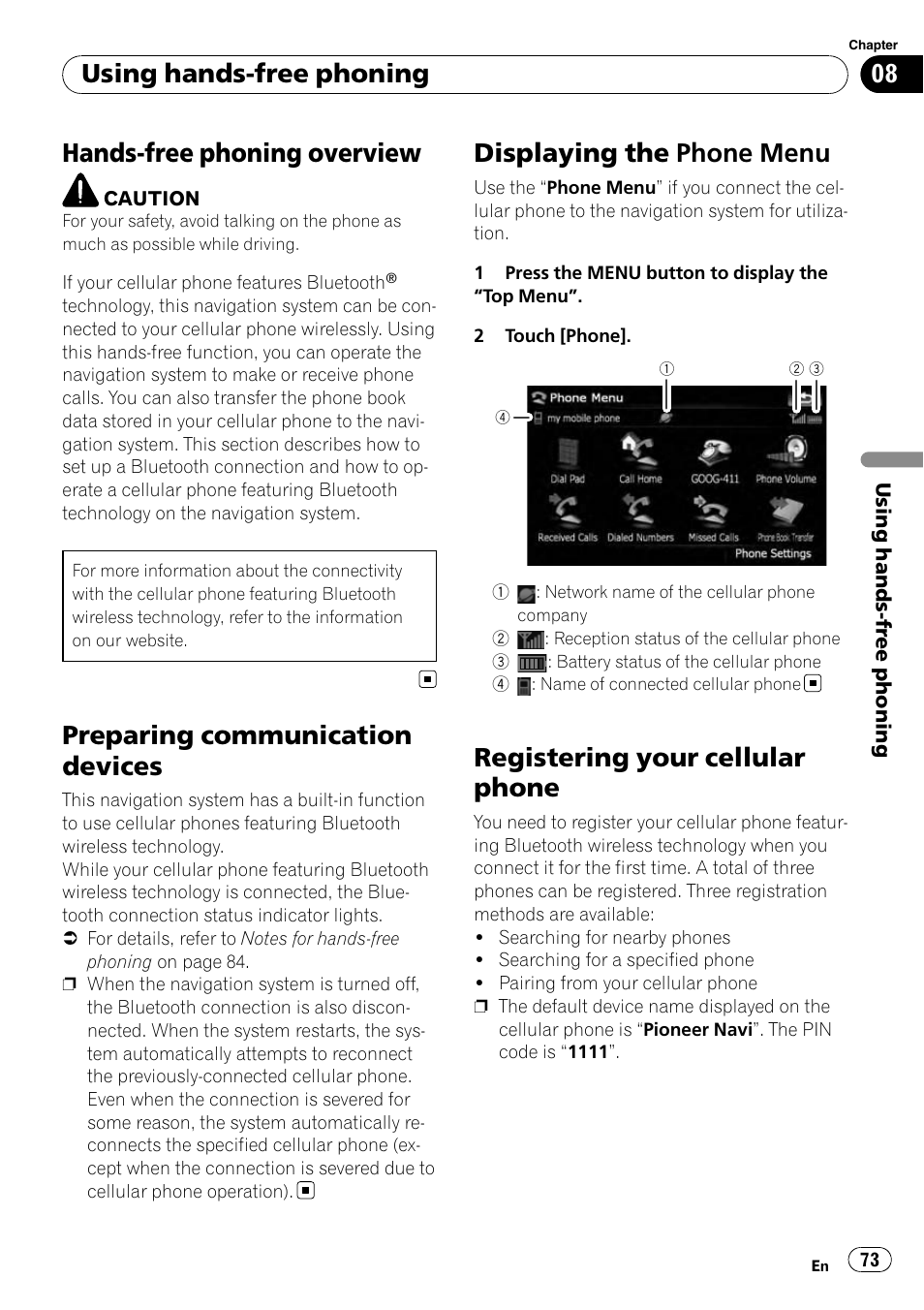 Preparing communication devices, Displaying the phone menu, Registering your cellular phone | Using hands-free, Phoning, Hands-free phoning overview, Using hands-free phoning | Pioneer AVIC-X9115BT User Manual | Page 73 / 215