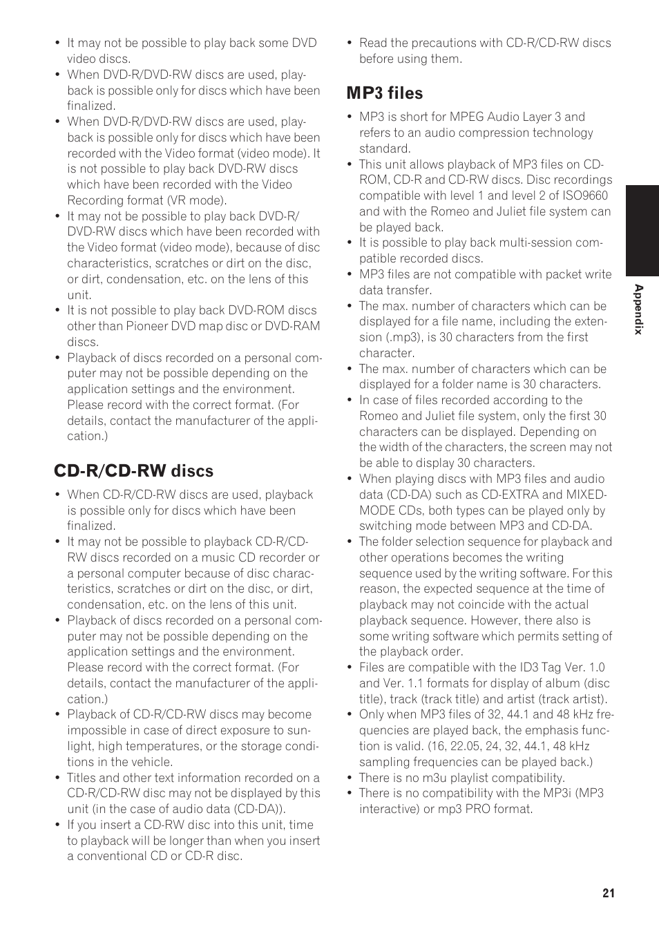 Cd-r/cd-rw discs, Mp3 files | Pioneer AVIC-N1 User Manual | Page 23 / 28