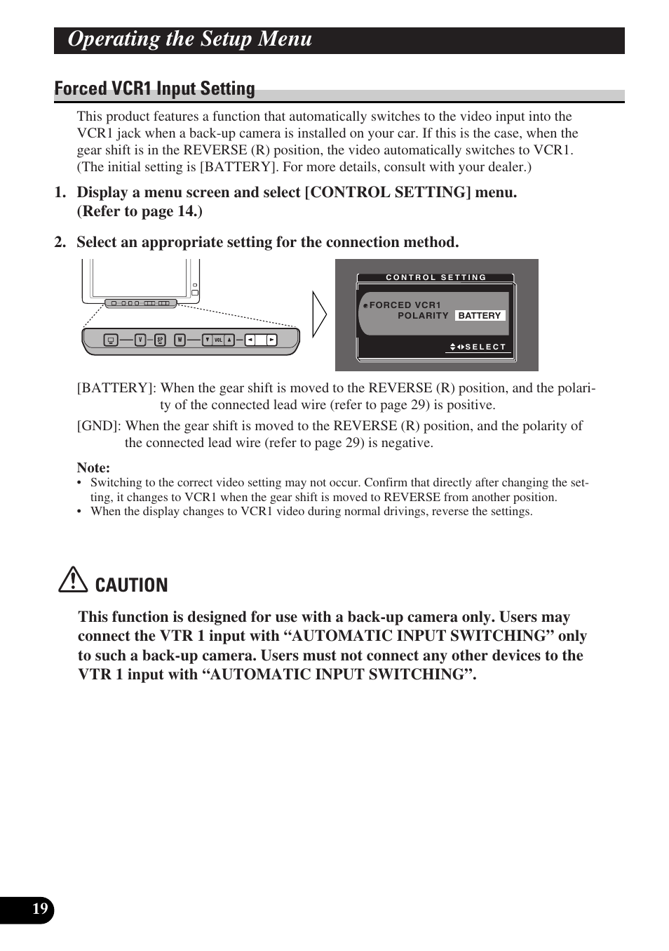 Forced vcr1 input setting, Operating the setup menu, Caution | Pioneer AVD-W6010 User Manual | Page 20 / 112