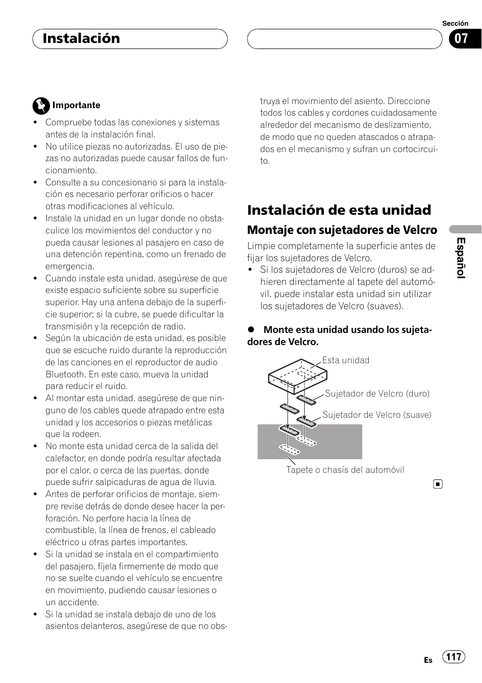 Instalación instalación de esta unidad, Montaje con sujetadores de, Velcro | Instalación de esta unidad, Instalación, Montaje con sujetadores de velcro | Pioneer CD-BTB200 User Manual | Page 117 / 121