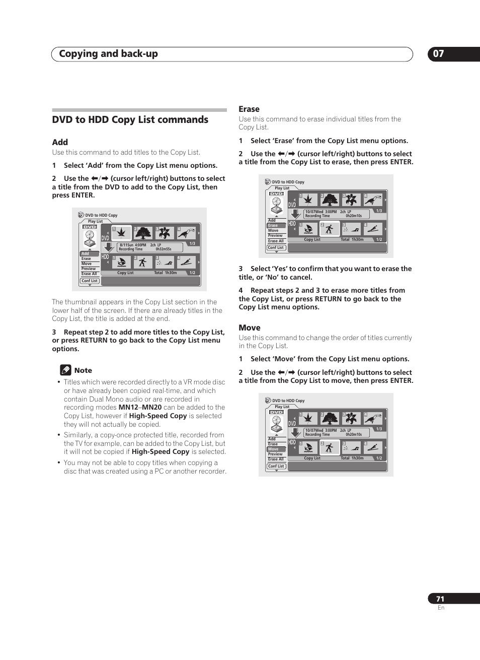 Copying and back-up 07, Dvd to hdd copy list commands, Erase | Move | Pioneer PRV-9200 User Manual | Page 71 / 124