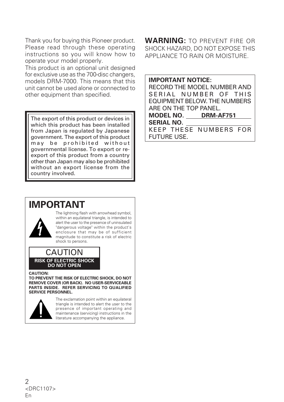 Important, Caution, Warning | Pioneer 50-Disc Magazine DRM-AF751 User Manual | Page 2 / 7