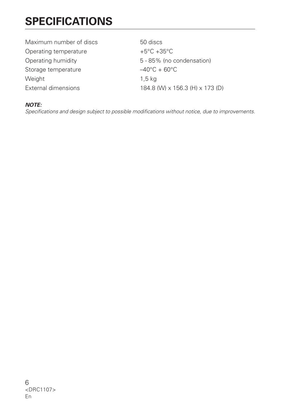 Specifications | Pioneer 50-Disc Magazine DRM-AF751 User Manual | Page 6 / 7