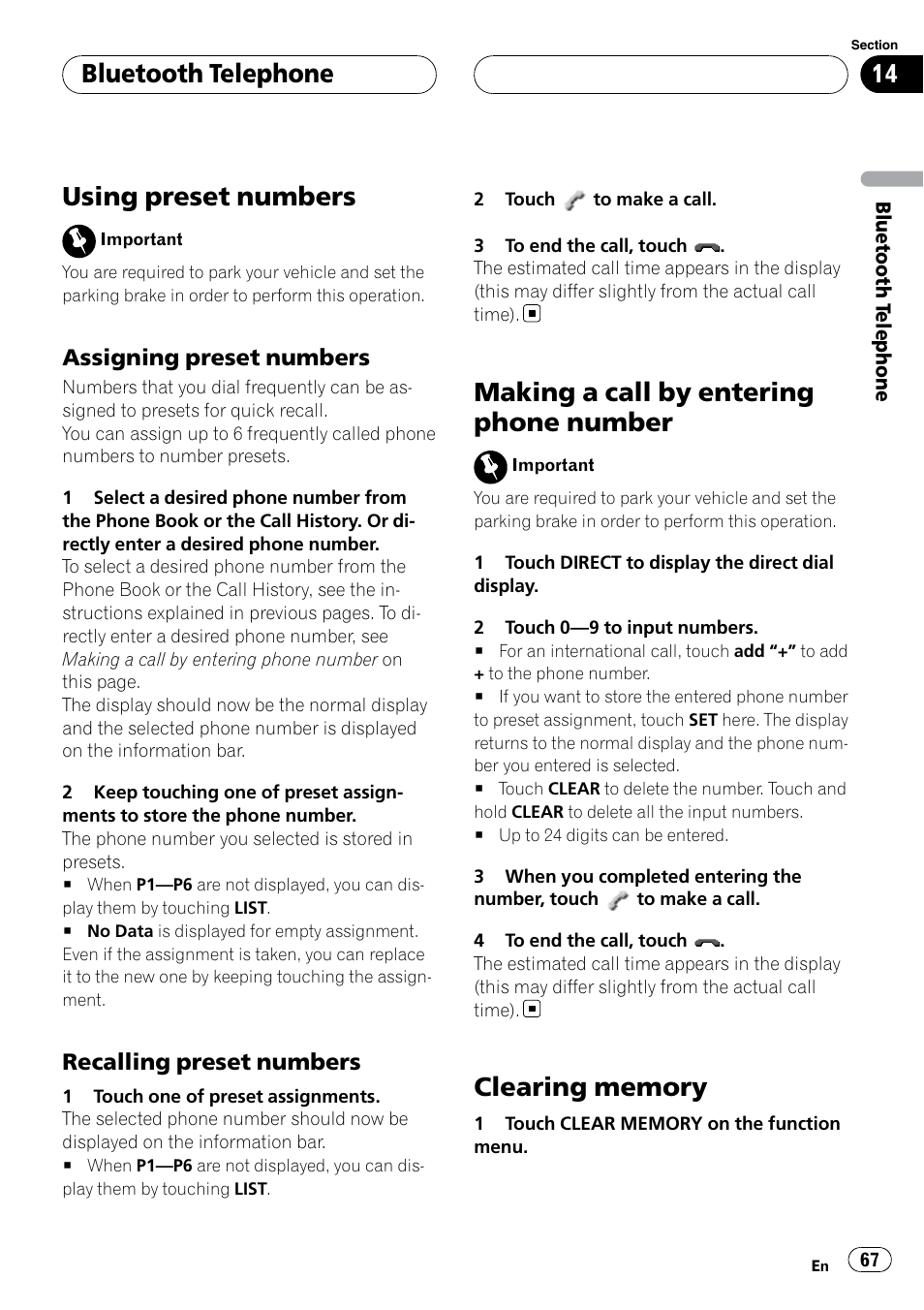 Using preset numbers, Making a call by entering phone number, Clearing memory | Bluetooth telephone, Assigning preset numbers, Recalling preset numbers | Pioneer SUPERTUNERIIID+ AVH-P7850DVD User Manual | Page 67 / 132
