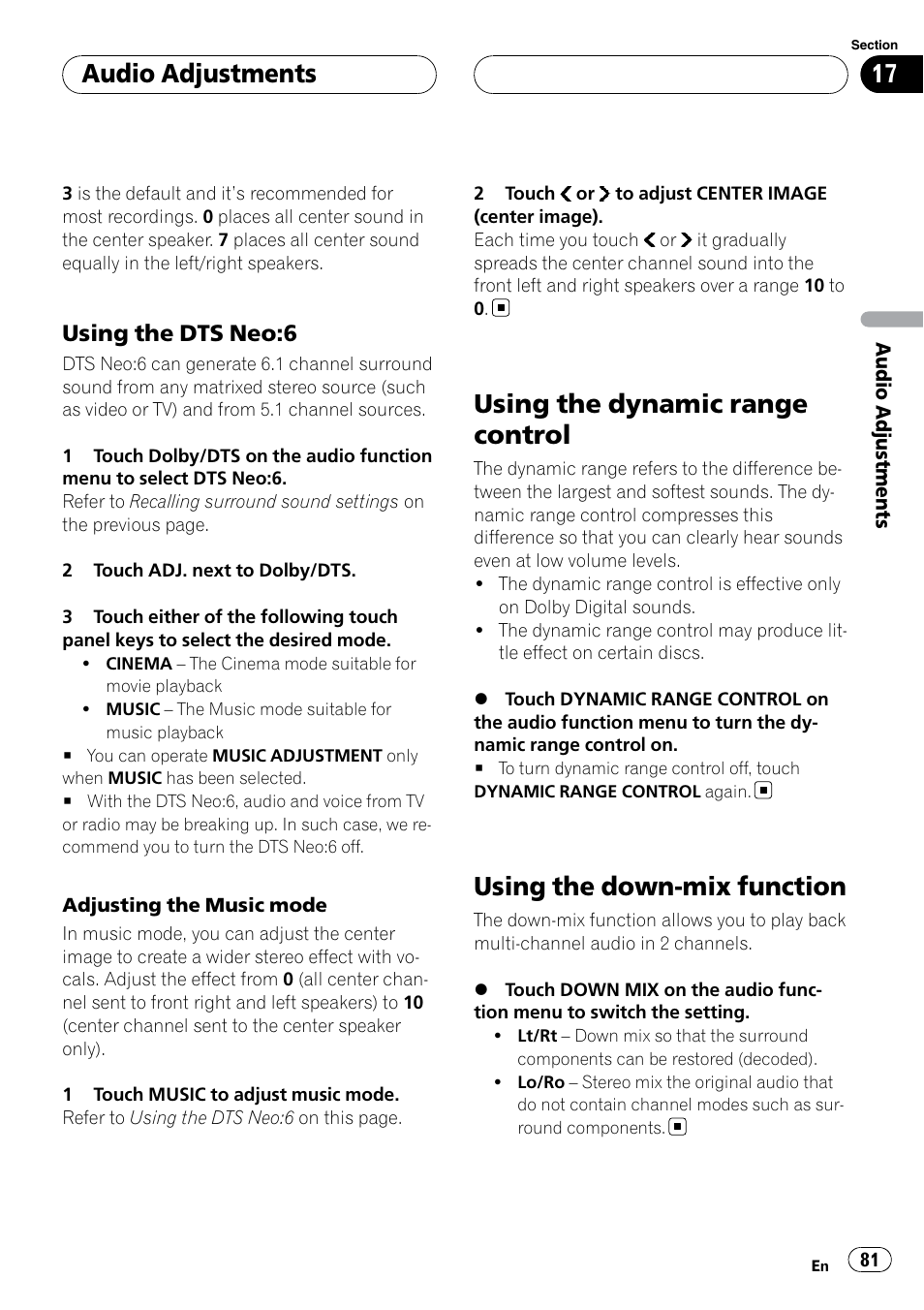 Using the dynamic range control, Using the down-mix function, Audio adjustments | Using the dts neo:6 | Pioneer SUPERTUNERIIID+ AVH-P7850DVD User Manual | Page 81 / 132
