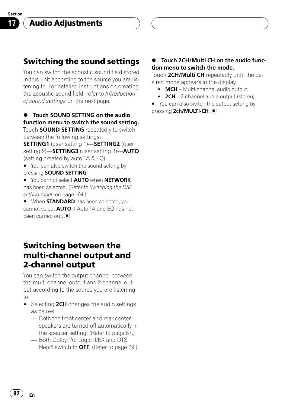 Switching the sound settings, Switching between the multi-channel output, And 2-channel output | Audio adjustments | Pioneer SUPERTUNERIIID+ AVH-P7850DVD User Manual | Page 82 / 132