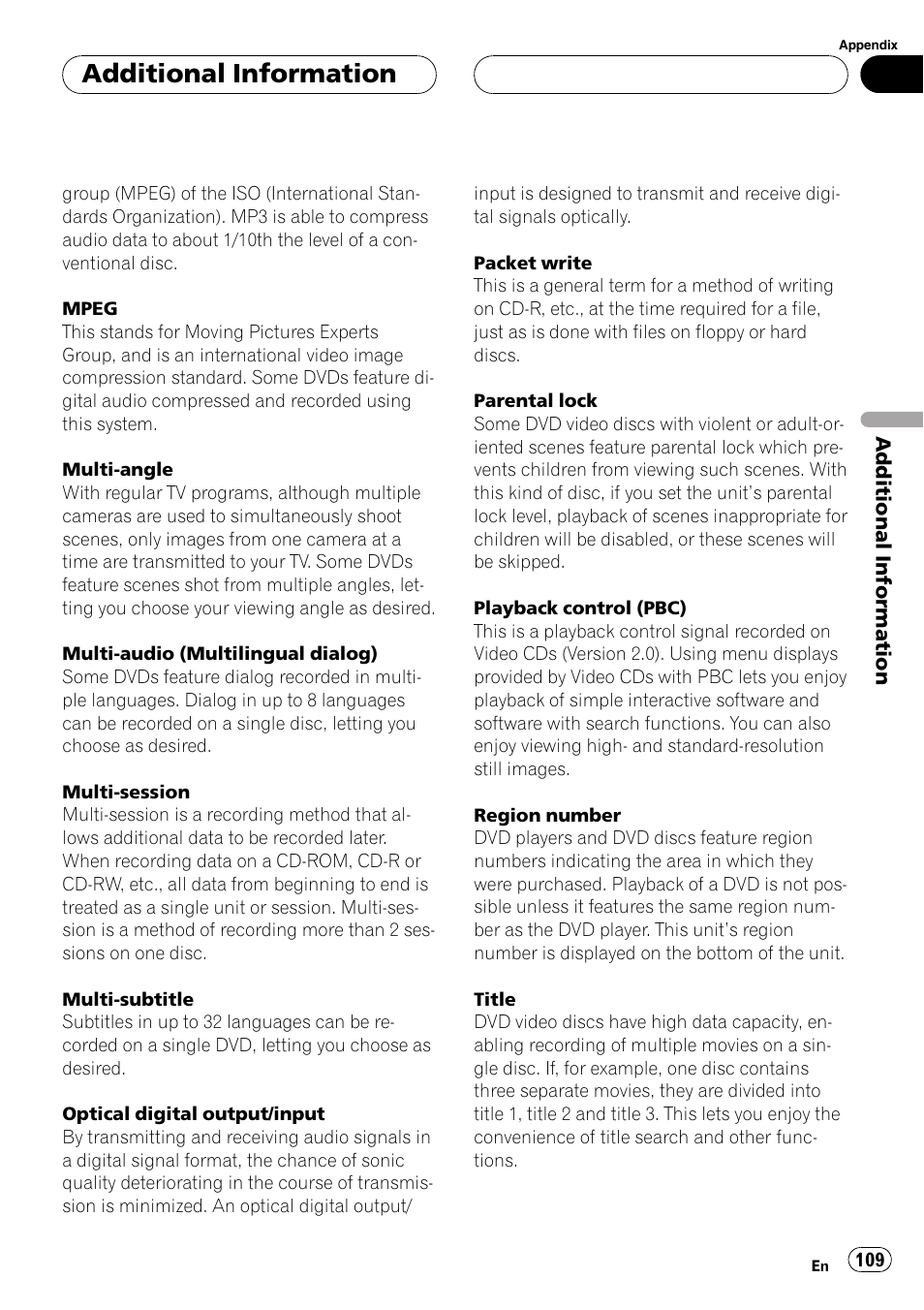 Additionalinformation | Pioneer AVH-P6600DVD User Manual | Page 109 / 114