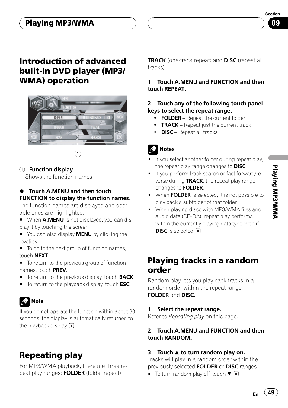 Introduction of advanced built-in dvd player, Mp3/wma) operation 49, Repeating play | Playing tracks in a random order, Playing mp3/wma | Pioneer AVH-P6600DVD User Manual | Page 49 / 114