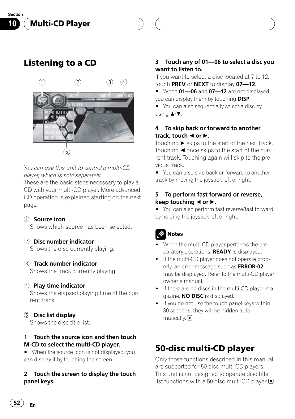 Listening to a cd, Disc multi-cd player, Multi-cd player | Pioneer AVH-P6600DVD User Manual | Page 52 / 114