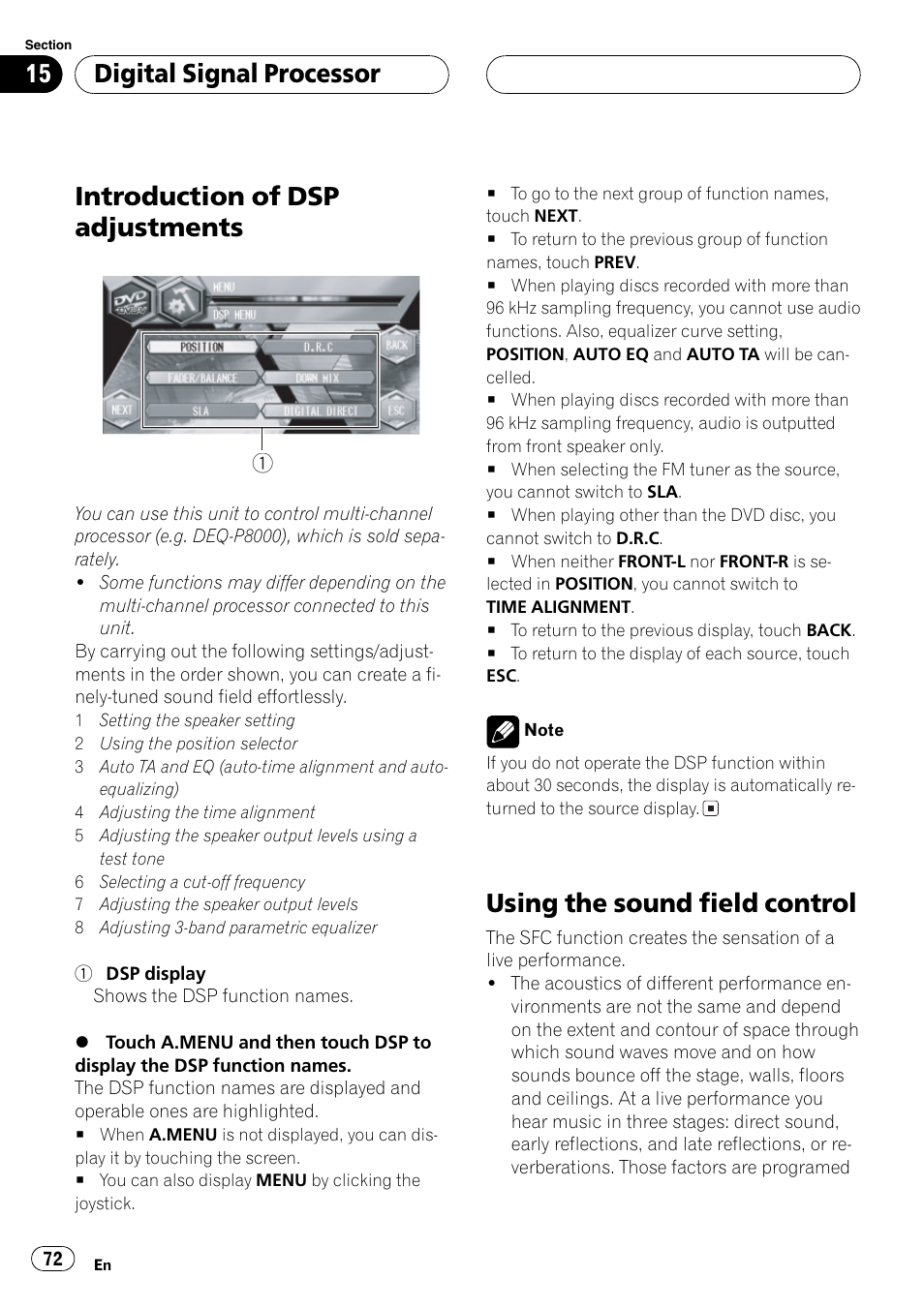 Introduction of dsp adjustments, Using the sound field control, Digitalsignalprocessor | Pioneer AVH-P6600DVD User Manual | Page 72 / 114