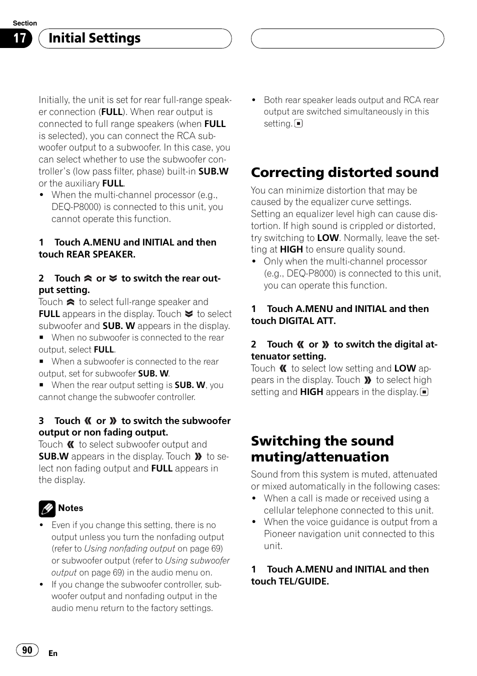 Correcting distorted sound, Switching the sound muting/attenuation, Initialsettings | Pioneer AVH-P6600DVD User Manual | Page 90 / 114