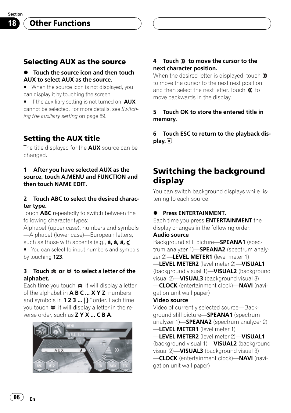 Switching the background display 96, Switching the background display, Other functions | Selecting aux as the source, Setting the aux title | Pioneer AVH-P6600DVD User Manual | Page 96 / 114