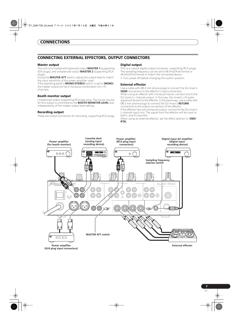 Connecting external effectors, output connectors, Connections, Master output | Booth monitor output, Recording output, Digital output, External effector | Pioneer DJM-700-S User Manual | Page 7 / 28