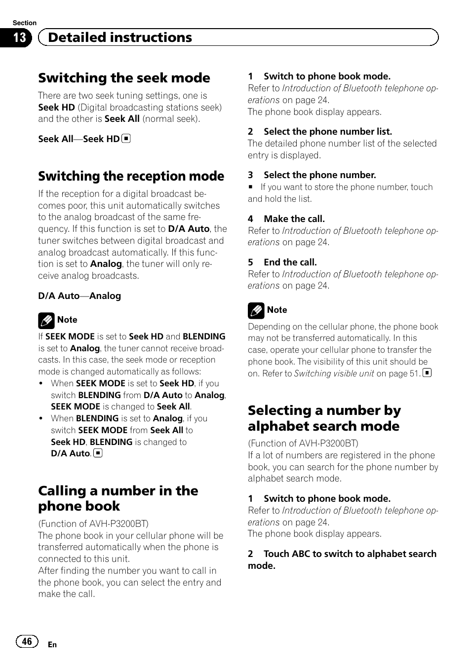 Switching the seek mode, Switching the reception mode, Calling a number in the phone book | Selecting a number by alphabet search, Mode, Selecting a number by alphabet search mode, 13 detailed instructions | Pioneer AVH-P4200DVD User Manual | Page 46 / 96
