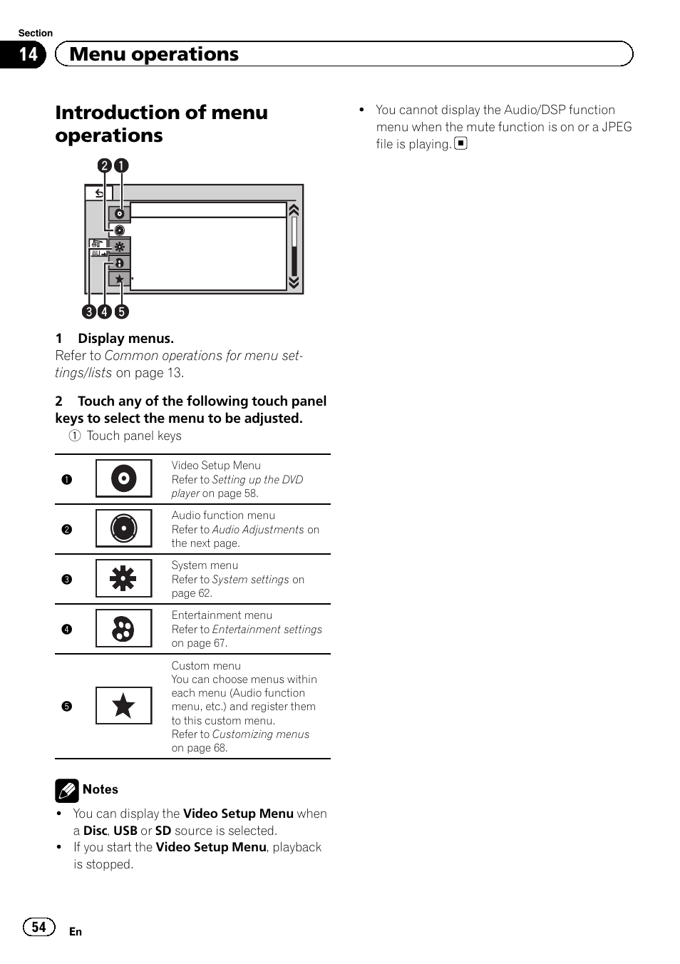 Menu operations introduction of menu operations, Introduction of menu operations, 14 menu operations | Pioneer AVH-P4200DVD User Manual | Page 54 / 96