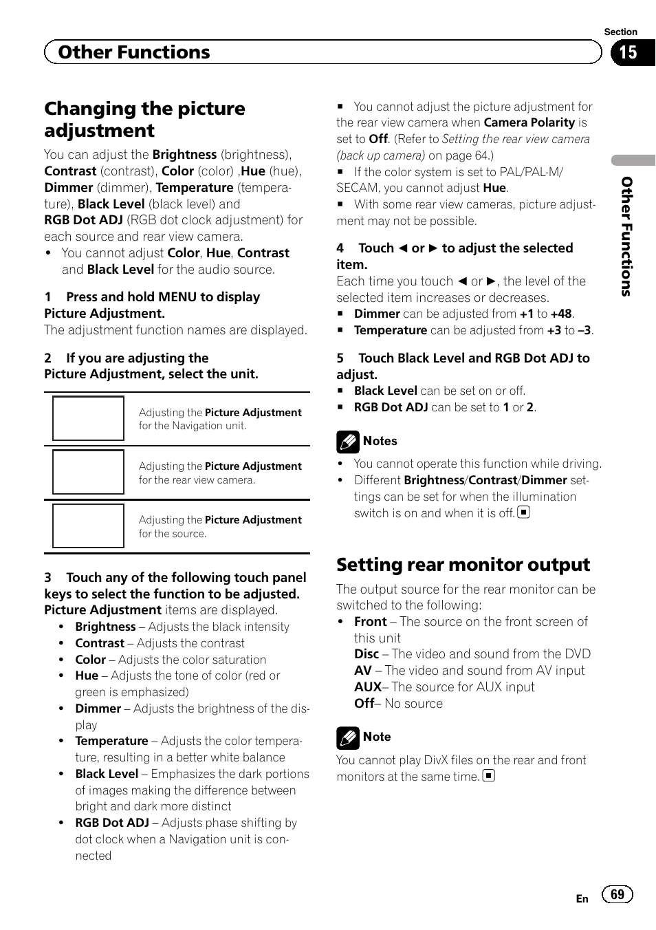 Other functions changing the picture adjustment, Setting rear monitor output, Changing the picture adjustment | Navi, Rear view, Source, Other functions | Pioneer AVH-P4200DVD User Manual | Page 69 / 96