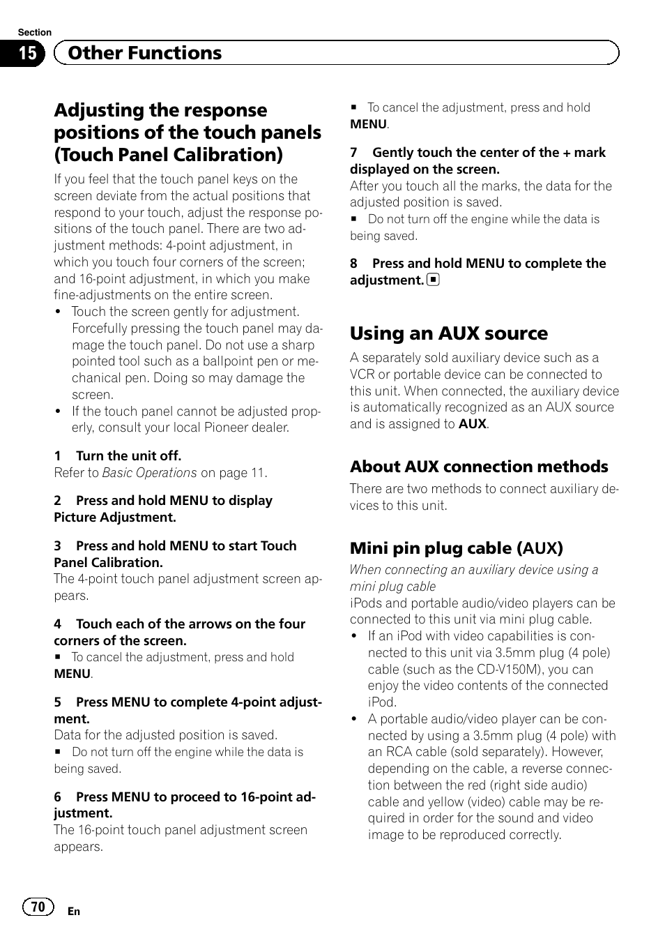 Adjusting the response positions of the, Touch panels (touch panel calibration), Using an aux source | 15 other functions | Pioneer AVH-P4200DVD User Manual | Page 70 / 96