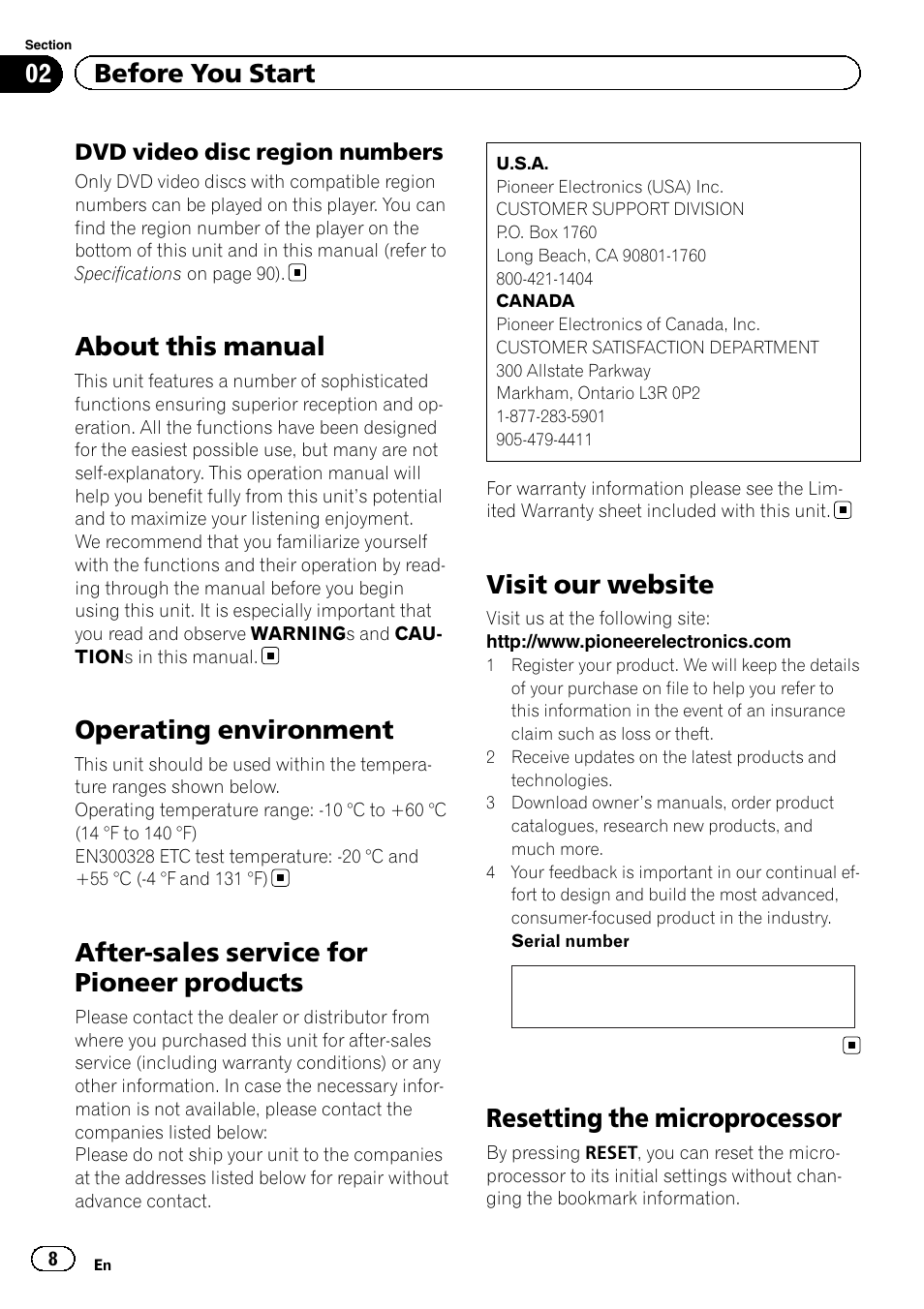 Dvd video disc region numbers 8, About this manual, Operating environment | After-sales service for pioneer products, Visit our website, Resetting the microprocessor, 02 before you start | Pioneer AVH-P4200DVD User Manual | Page 8 / 96