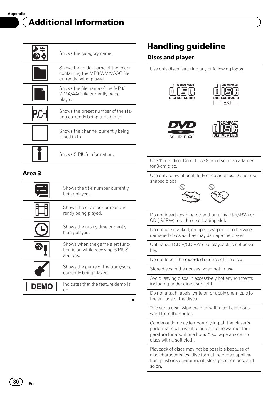 Handling guideline 80, Handling guideline, Additional information | Pioneer AVH-P4200DVD User Manual | Page 80 / 96