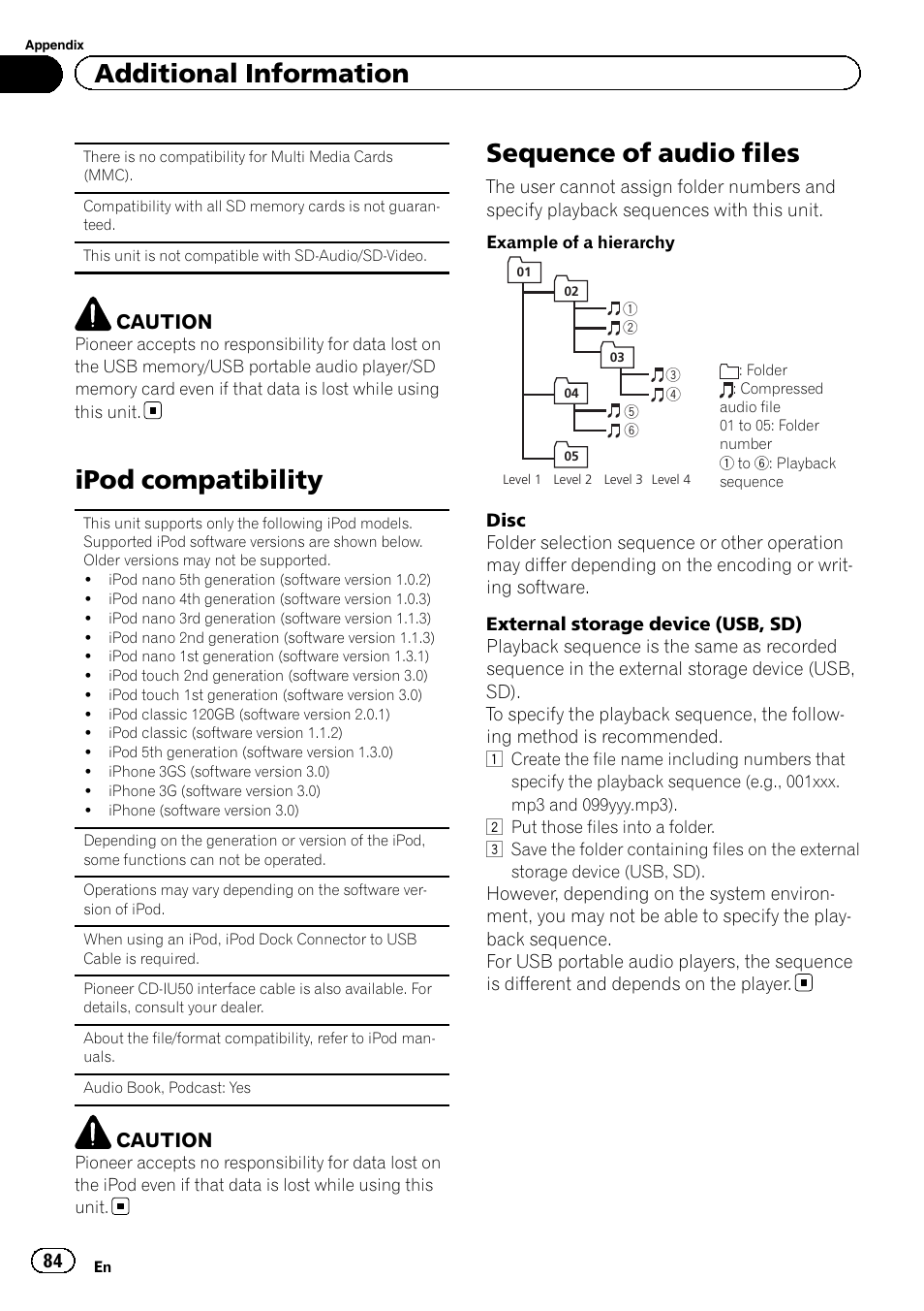 Ipod compatibility, Sequence of audio files, Additional information | Caution | Pioneer AVH-P4200DVD User Manual | Page 84 / 96