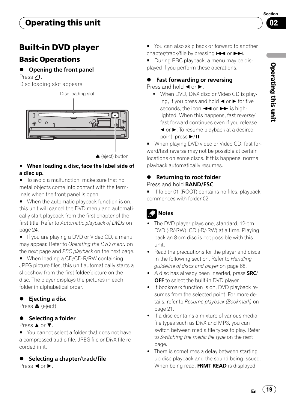 Built-in dvd player, Basic operations 19, Operating this unit | Basic operations | Pioneer DVH-P4100UB User Manual | Page 19 / 81