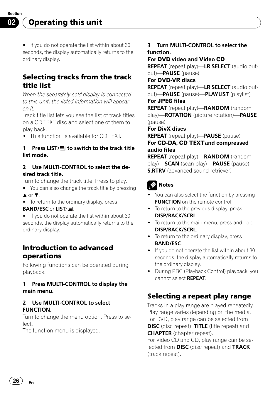 Selecting tracks from the track title, List, Introduction to advanced | Operations, Selecting a repeat play range 26, Operating this unit, Selecting tracks from the track title list, Introduction to advanced operations, Selecting a repeat play range | Pioneer DVH-P4100UB User Manual | Page 26 / 81