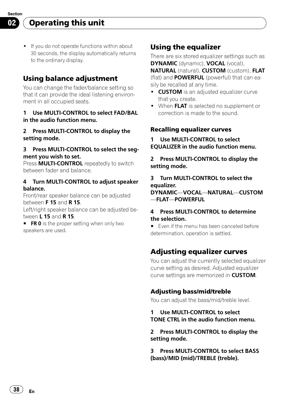 Using balance adjustment 38, Using the equalizer 38, Adjusting equalizer curves 38 | Operating this unit, Using balance adjustment, Using the equalizer, Adjusting equalizer curves | Pioneer DVH-P4100UB User Manual | Page 38 / 81