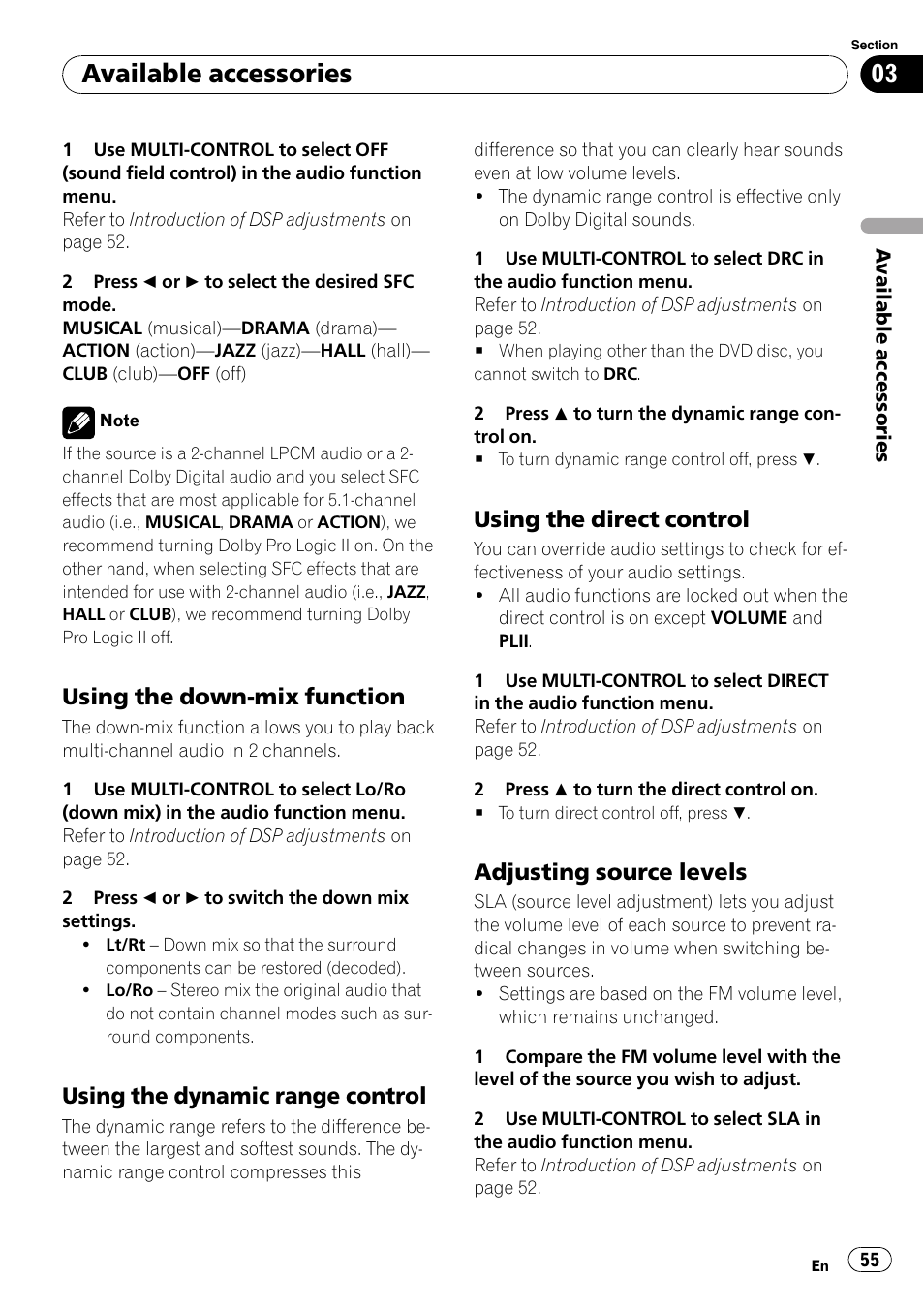 Using the down-mix function 55, Using the dynamic range control 55, Using the direct control 55 | Adjusting source levels 55, Using the, Using the di, Using the down, Available accessories, Using the down-mix function, Using the dynamic range control | Pioneer DVH-P4100UB User Manual | Page 55 / 81