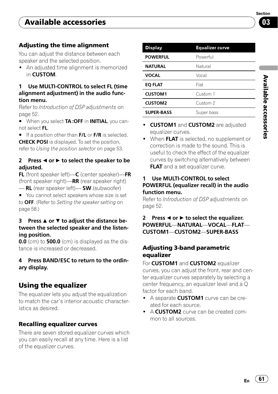 Using the equalizer 61, Adjusting the time alignment, Adjusting 3-band parametric equalizer | Available accessories, Using the equalizer | Pioneer DVH-P4100UB User Manual | Page 61 / 81