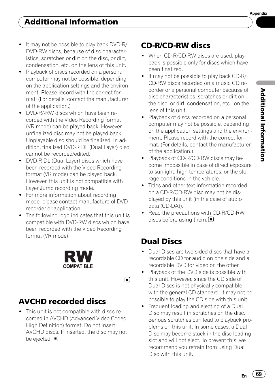 Avchd recorded discs, Cd-r/cd-rw discs, Dual discs | Additional information | Pioneer DVH-P4100UB User Manual | Page 69 / 81