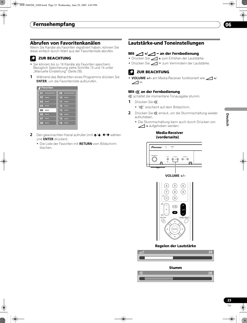 Fernsehempfang 06, Abrufen von favoritenkanälen, Lautstärke-und toneinstellungen | Pioneer PDP-436FDE User Manual | Page 115 / 141