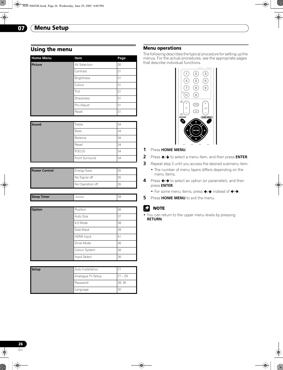 07 menu setup, Using the menu, Menu operations | Menu setup 07 menu setup | Pioneer PDP-436FDE User Manual | Page 26 / 141