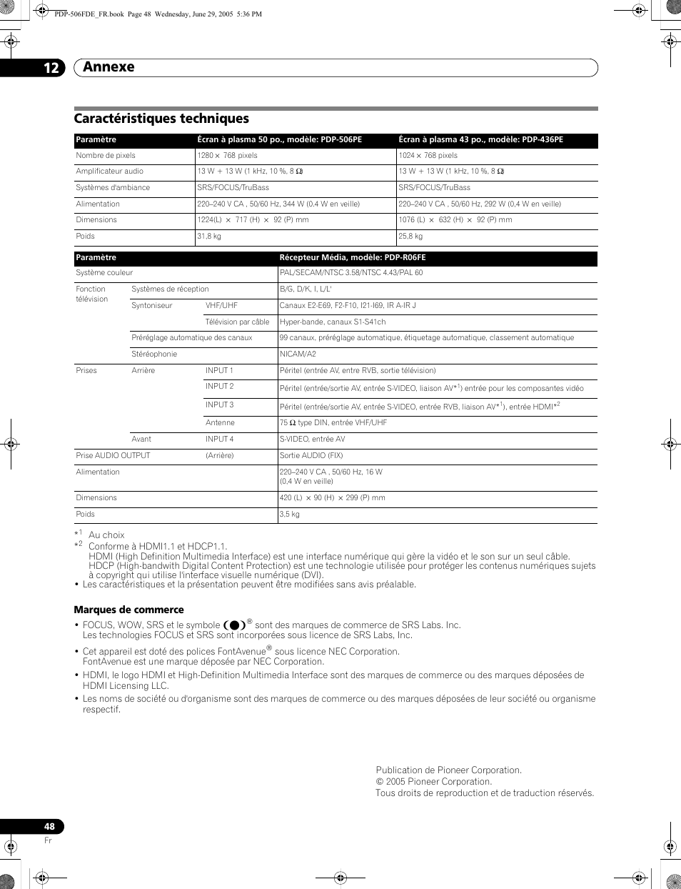 Caractéristiques techniques, Annexe 12 | Pioneer PDP-436FDE User Manual | Page 94 / 141