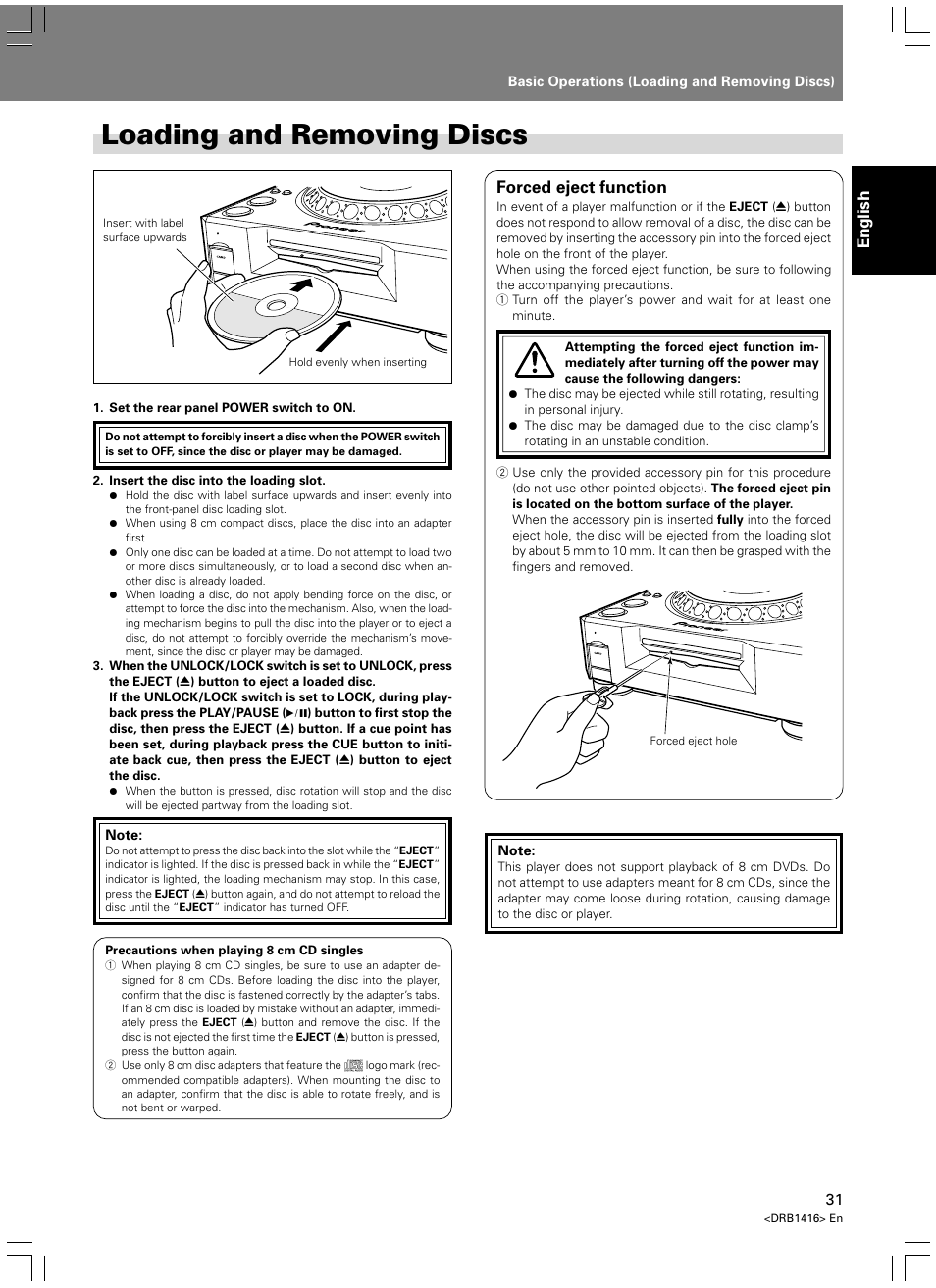 Basic operations, Loading and removing discs, English | Forced eject function | Pioneer DVJ-1000 User Manual | Page 33 / 107