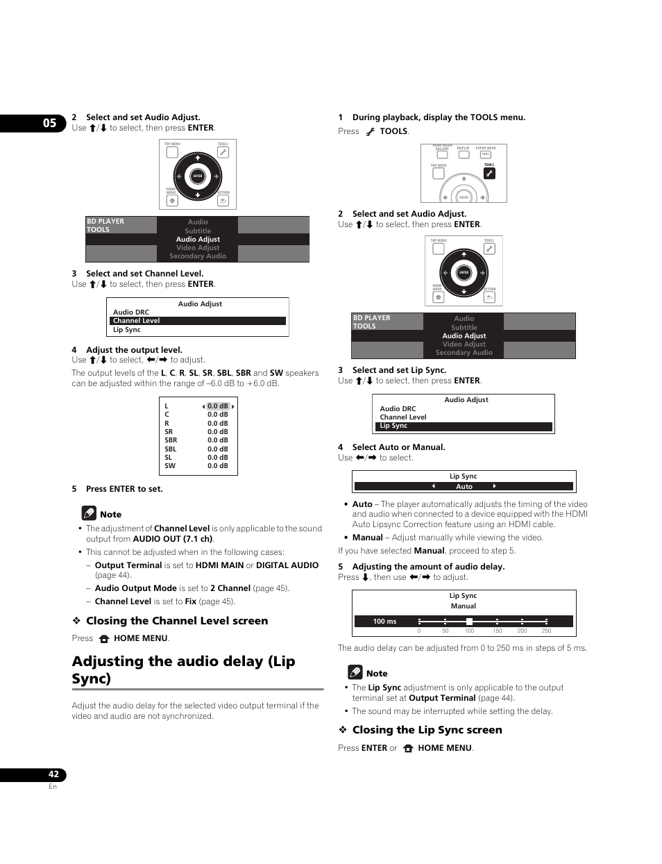 Adjusting the audio delay (lip sync), Closing the channel level screen, Closing the lip sync screen | Pioneer BONUSVIEW BDP-09FD User Manual | Page 42 / 74