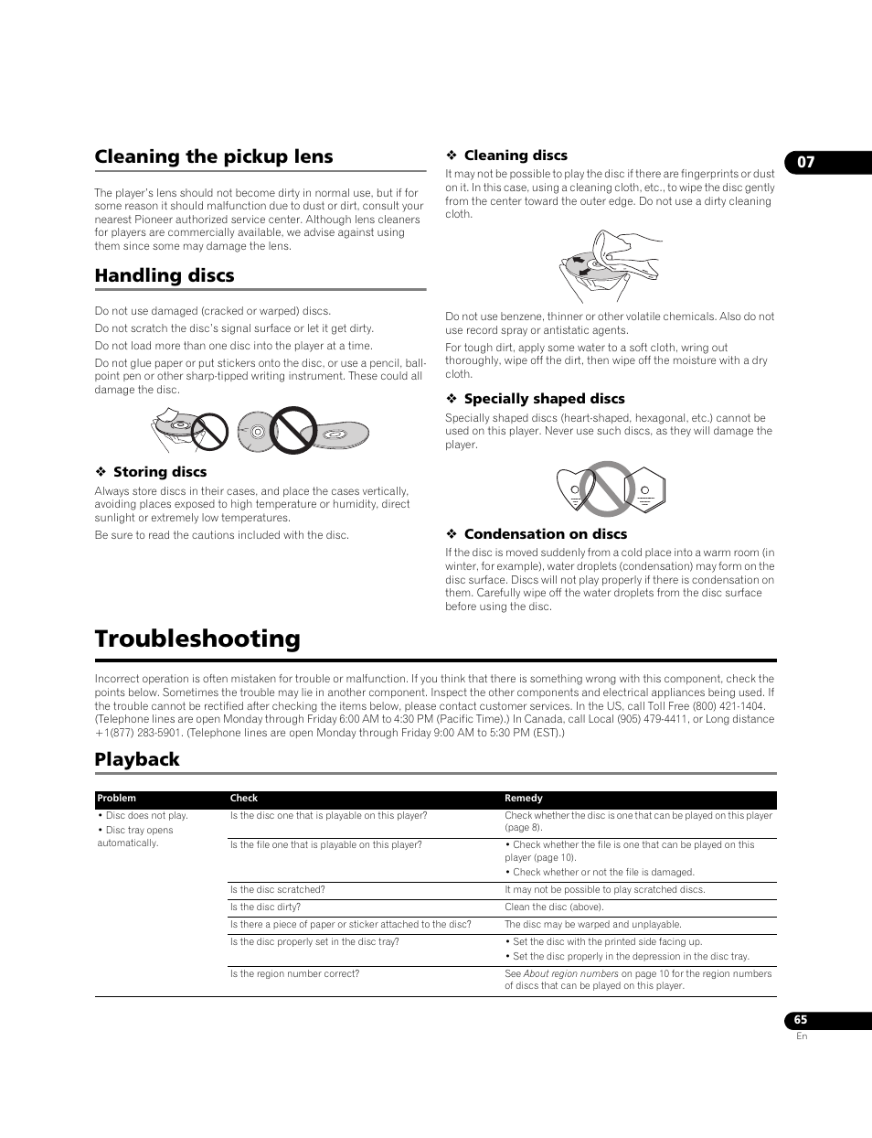 Cleaning the pickup lens handling discs, Troubleshooting, Playback | Cleaning the pickup lens, Handling discs | Pioneer BONUSVIEW BDP-09FD User Manual | Page 65 / 74