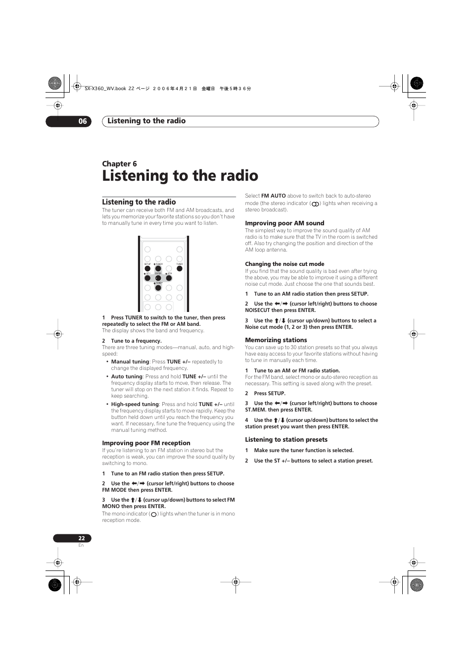 06 listening to the radio, Listening to the radio, Improving poor fm reception | Improving poor am sound, Memorizing stations, Listening to station presets, Listening to the radio 06, Chapter 6 | Pioneer S-X360 User Manual | Page 22 / 35