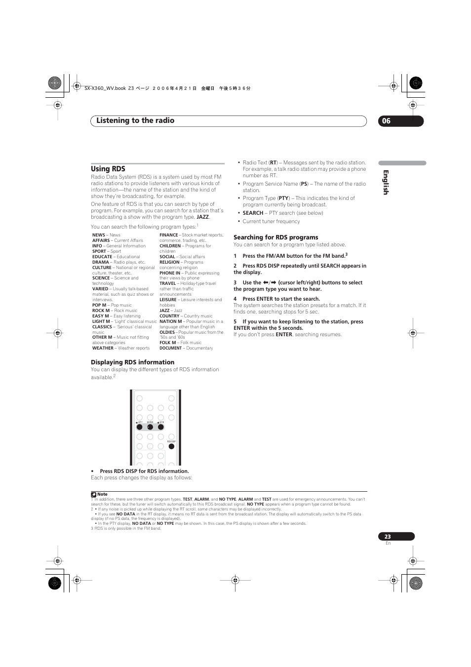 Using rds, Displaying rds information, Searching for rds programs | Listening to the radio 06, English | Pioneer S-X360 User Manual | Page 23 / 35