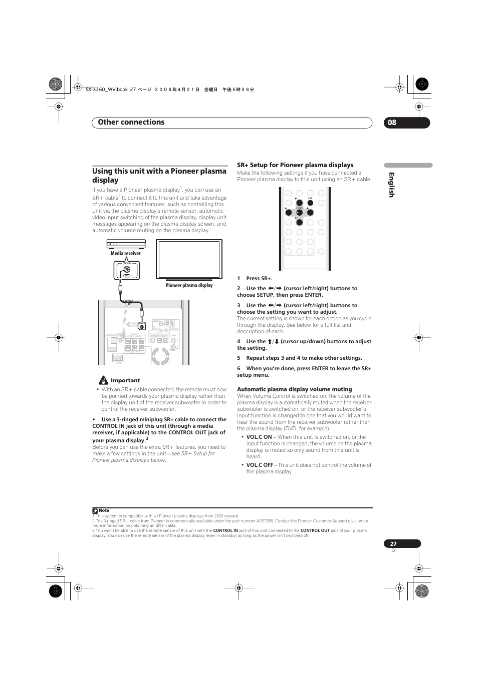 Using this unit with a pioneer plasma display, Sr+ setup for pioneer plasma displays, Other connections 08 | English | Pioneer S-X360 User Manual | Page 27 / 35