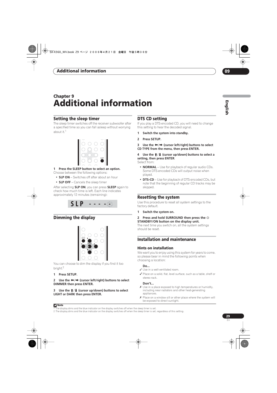 09 additional information, Setting the sleep timer, Dimming the display | Dts cd setting, Resetting the system, Installation and maintenance, Hints on installation, Additional information, S l p, Additional information 09 | Pioneer S-X360 User Manual | Page 29 / 35