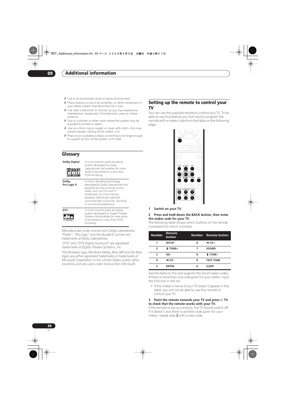 Glossary, Setting up the remote to control your tv, Additional information 09 | Pioneer S-X360 User Manual | Page 30 / 35