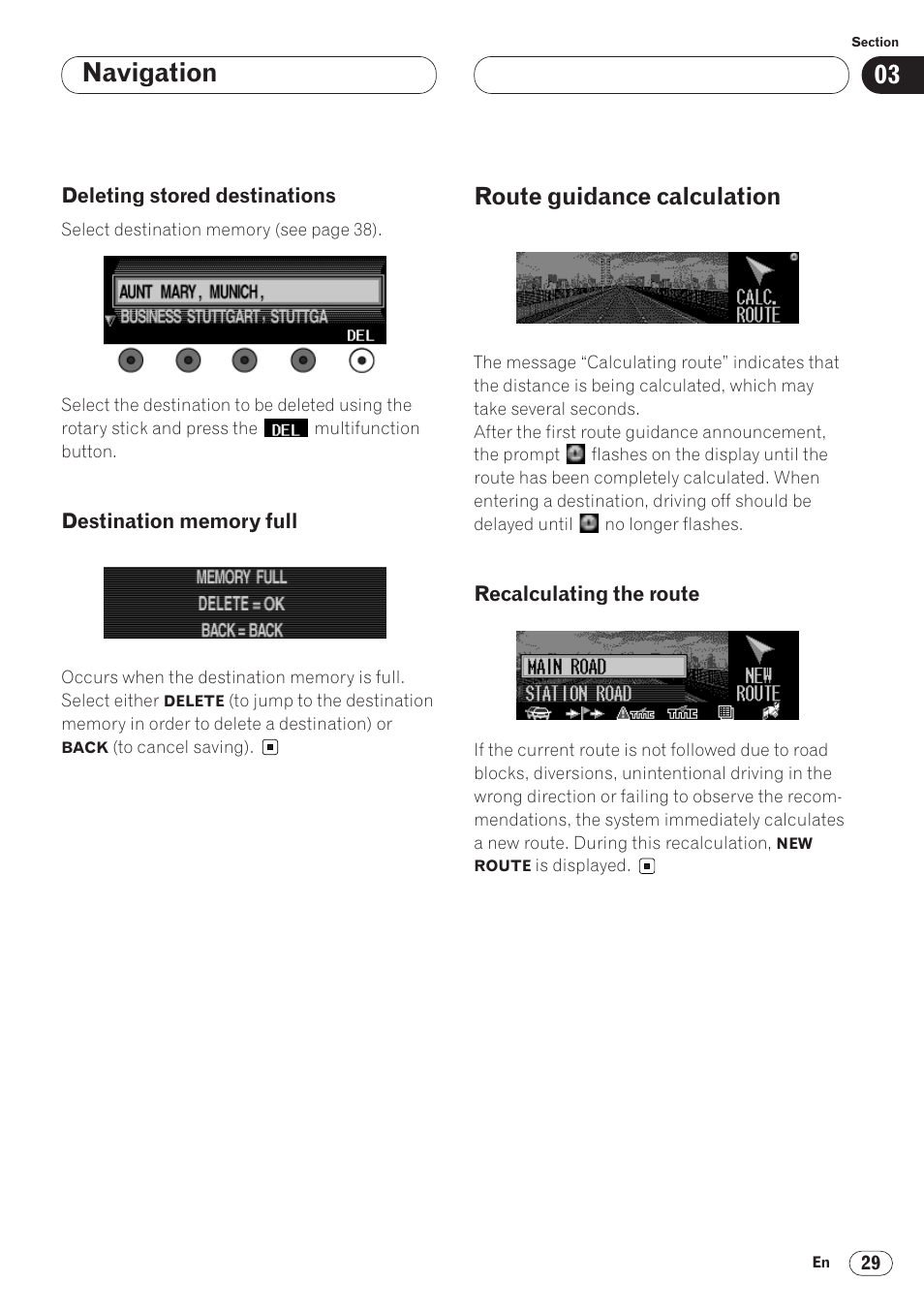 Route guidance calculation 29, Recalculating the route 29, Navigation | Route guidance calculation | Pioneer ANH-P9R-BK User Manual | Page 29 / 92