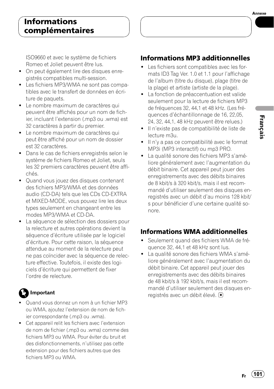 Informations mp3 additionnelles 101, Informations wma, Additionnelles 101 | Informations complémentaires, Informations mp3 additionnelles, Informations wma additionnelles | Pioneer DEH-P5500MP User Manual | Page 101 / 160