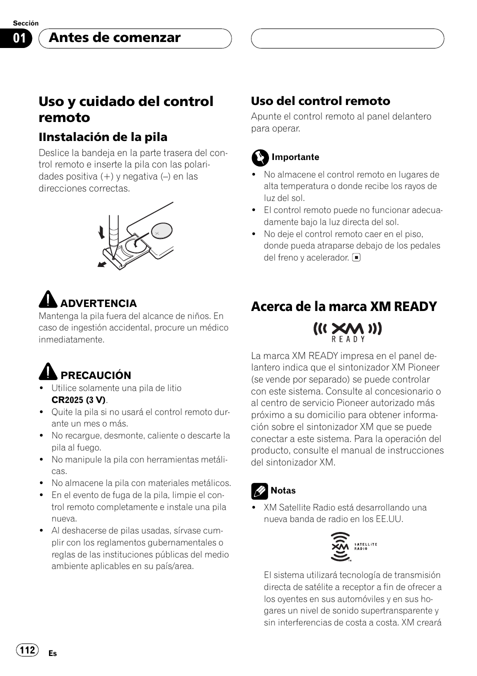 Uso y cuidado del control remoto 112, Iinstalación de la pila 112, Uso del control remoto 112 | Acerca de la marca xmready 112, Uso ycuidado del control remoto, Acerca de la marca xm ready, Antes de comenzar, Iinstalación de la pila, Uso del control remoto | Pioneer DEH-P5500MP User Manual | Page 112 / 160