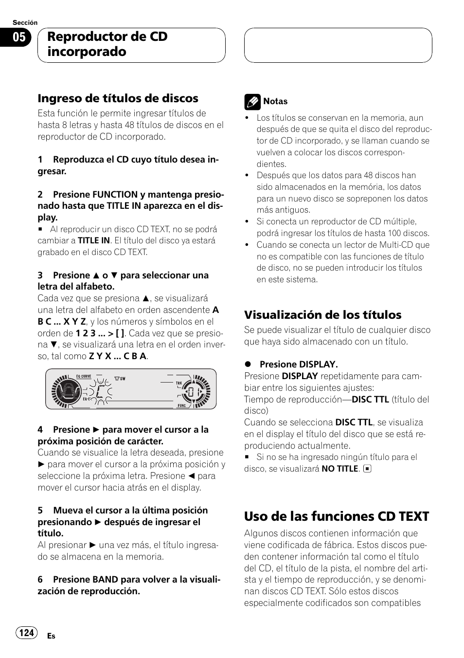 Ingreso de títulos de discos 124, Visualización de los títulos 124, Uso de las funciones cd text 124 | Uso de las funciones cd text, Reproductor de cd incorporado, Ingreso de títulos de discos, Visualización de los títulos | Pioneer DEH-P5500MP User Manual | Page 124 / 160