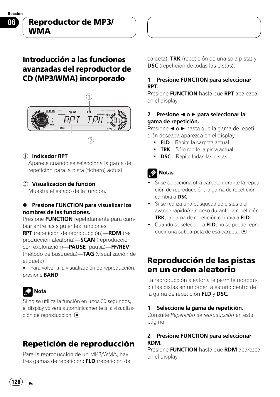 Introducción a las funciones avanzadas del, Reproductor de cd (mp3/wma), Incorporado 128 | Repetición de reproducción 128, Reproducción de las pistas en un orden, Aleatorio 128, Repetición de reproducción, Reproducción de las pistas en un orden aleatorio, Reproductor de mp3/ wma | Pioneer DEH-P5500MP User Manual | Page 128 / 160