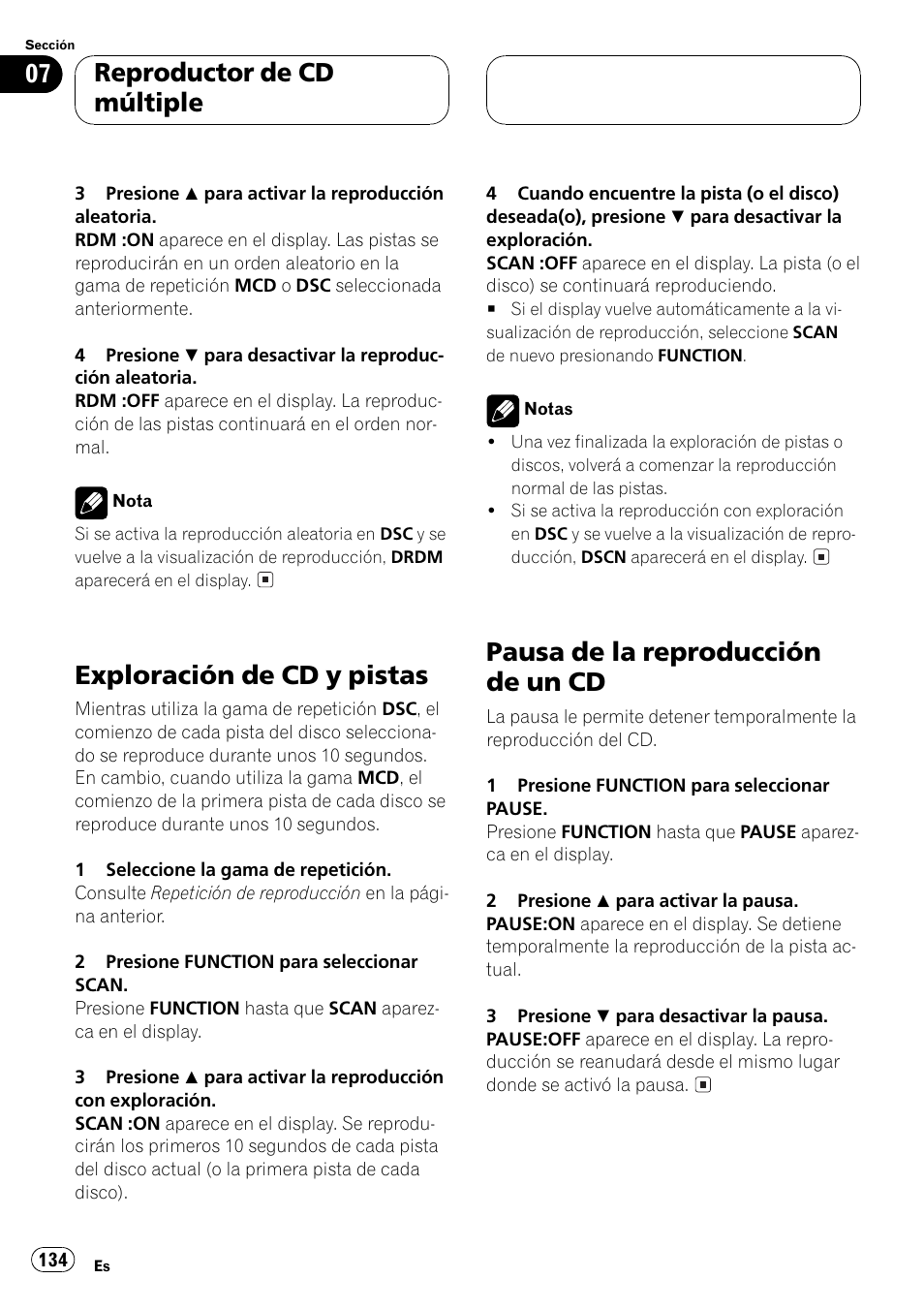 Exploración de cd y pistas 134, Pausa de la reproducción de un cd 134, Exploración de cd ypistas | Pausa de la reproducción de un cd, Reproductor de cd múltiple | Pioneer DEH-P5500MP User Manual | Page 134 / 160