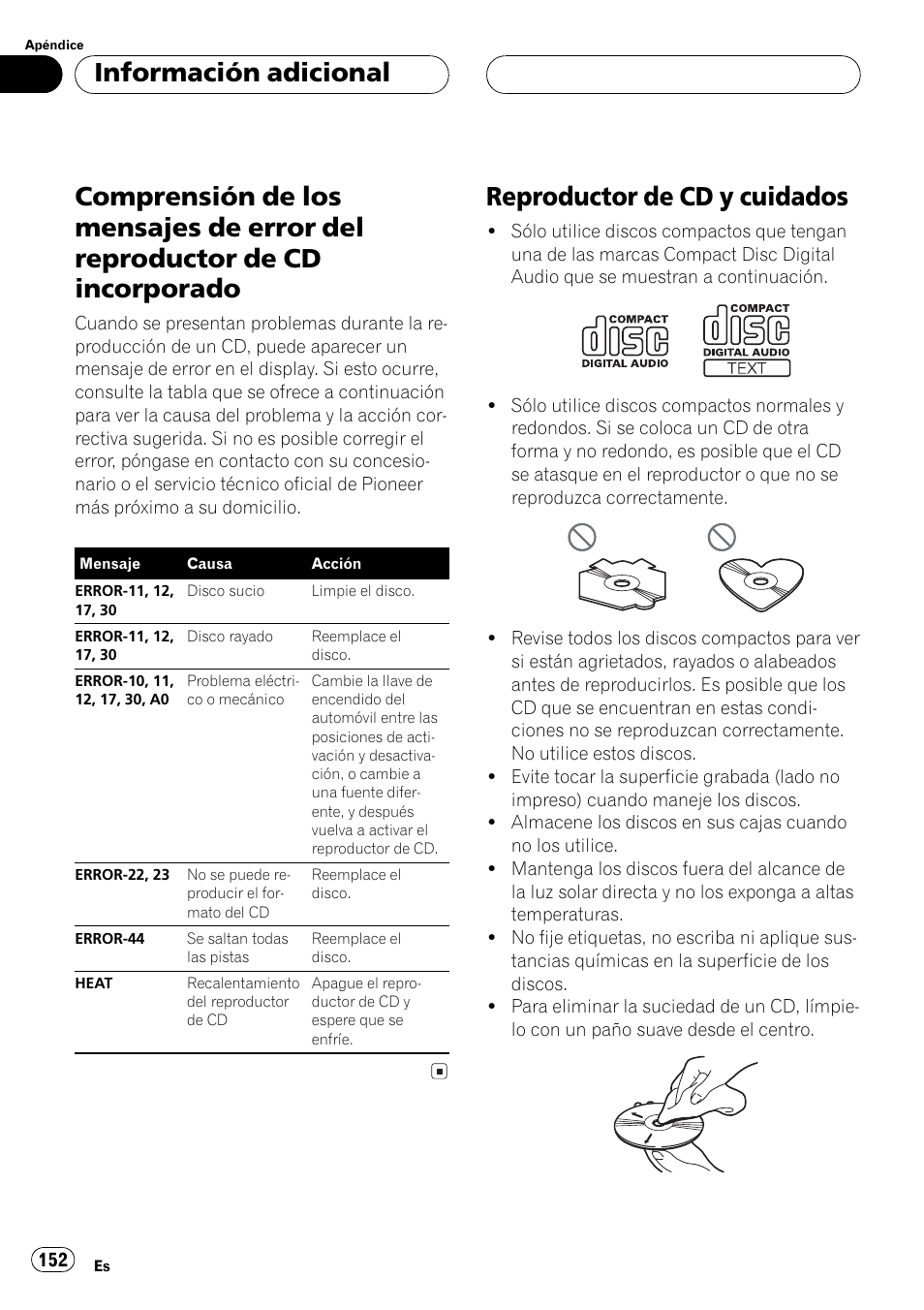 Información adicional, Comprensión de los mensajes de error del, Reproductor de cd incorporado 152 | Reproductor de cd y cuidados 152, Reproductor de cd ycuidados | Pioneer DEH-P5500MP User Manual | Page 152 / 160